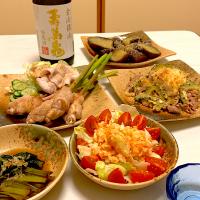 肉巻き谷中生姜、ゴーヤチャンプル、茄子の中華ダレ、小松菜の煮浸し